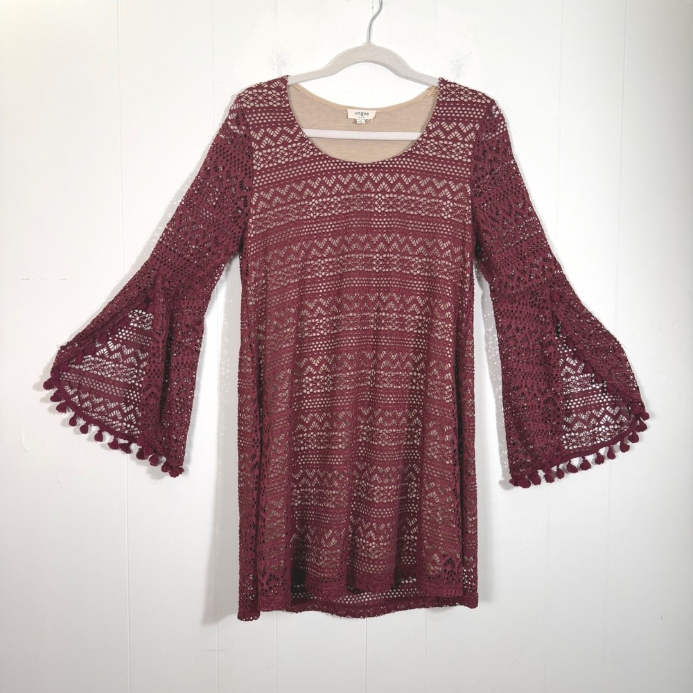 Umgee Burgundy Boho Crochet Lace Shift Dress Bell Sleeve Pom PomSmall Western